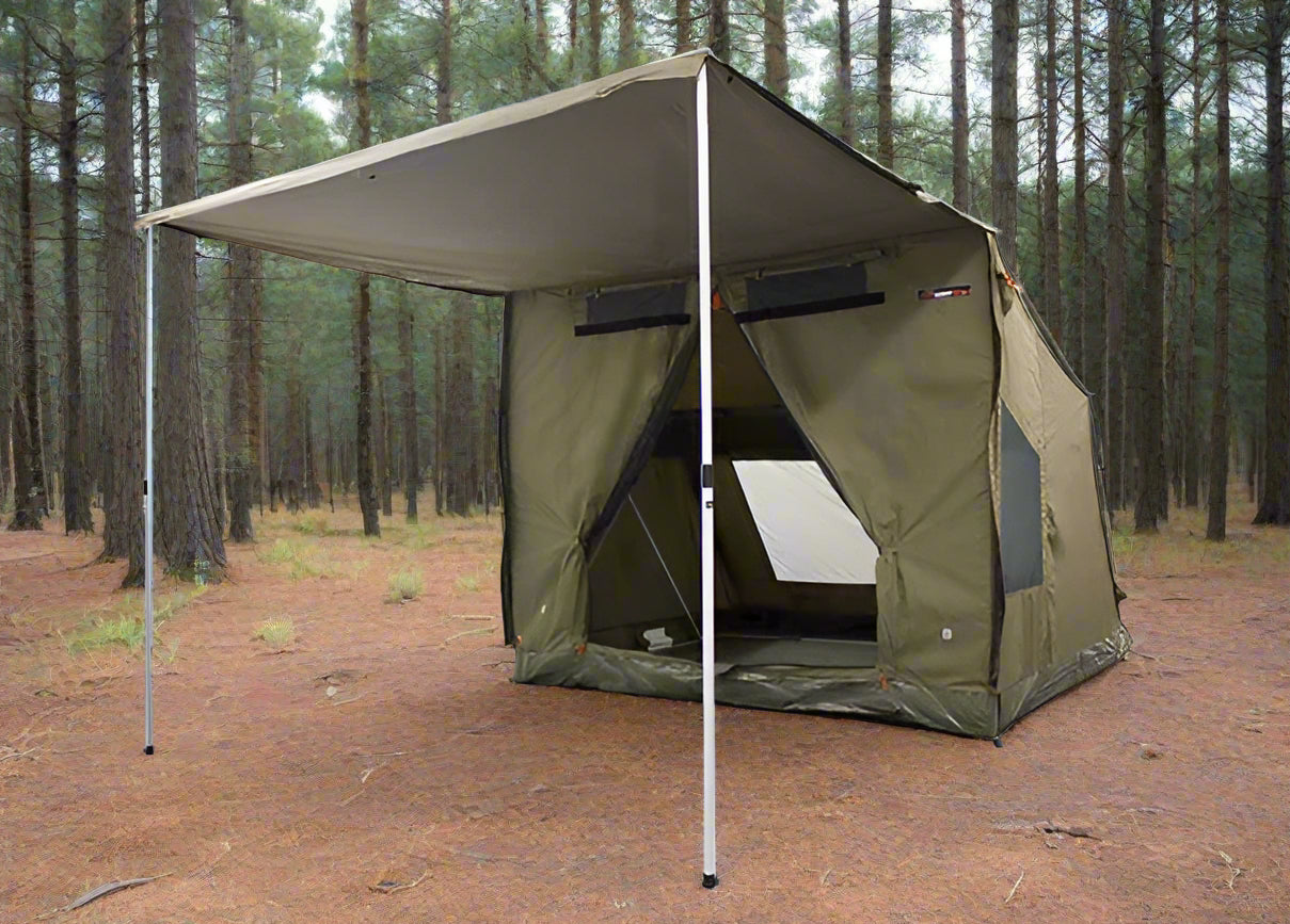 Oztent RV5 tent with awning, high-quality waterproof canvas, and aluminum frame set up outdoors.