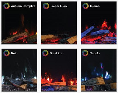 Rinnai ES 1800 Electric Fire showcasing various customizable flame effects.