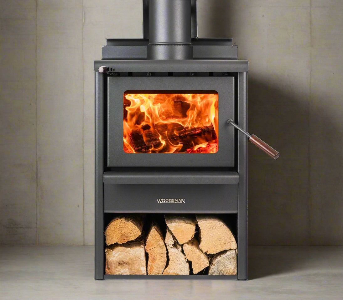 Woodsman Kanaku wood stacker with 4.2m Heatsaver Flue System, showcasing firewood storage and a burning fire inside.