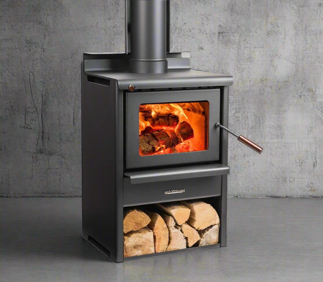 Woodsman Kanaku ULEB wood stacker with 4.2m Heatsaver flue system, efficient heating, durable construction, easy wood access.