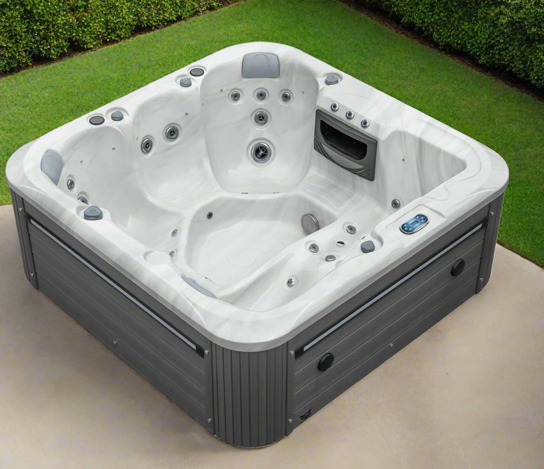 Sensation 6 person spa pool with jets, lounger, and LED lights.