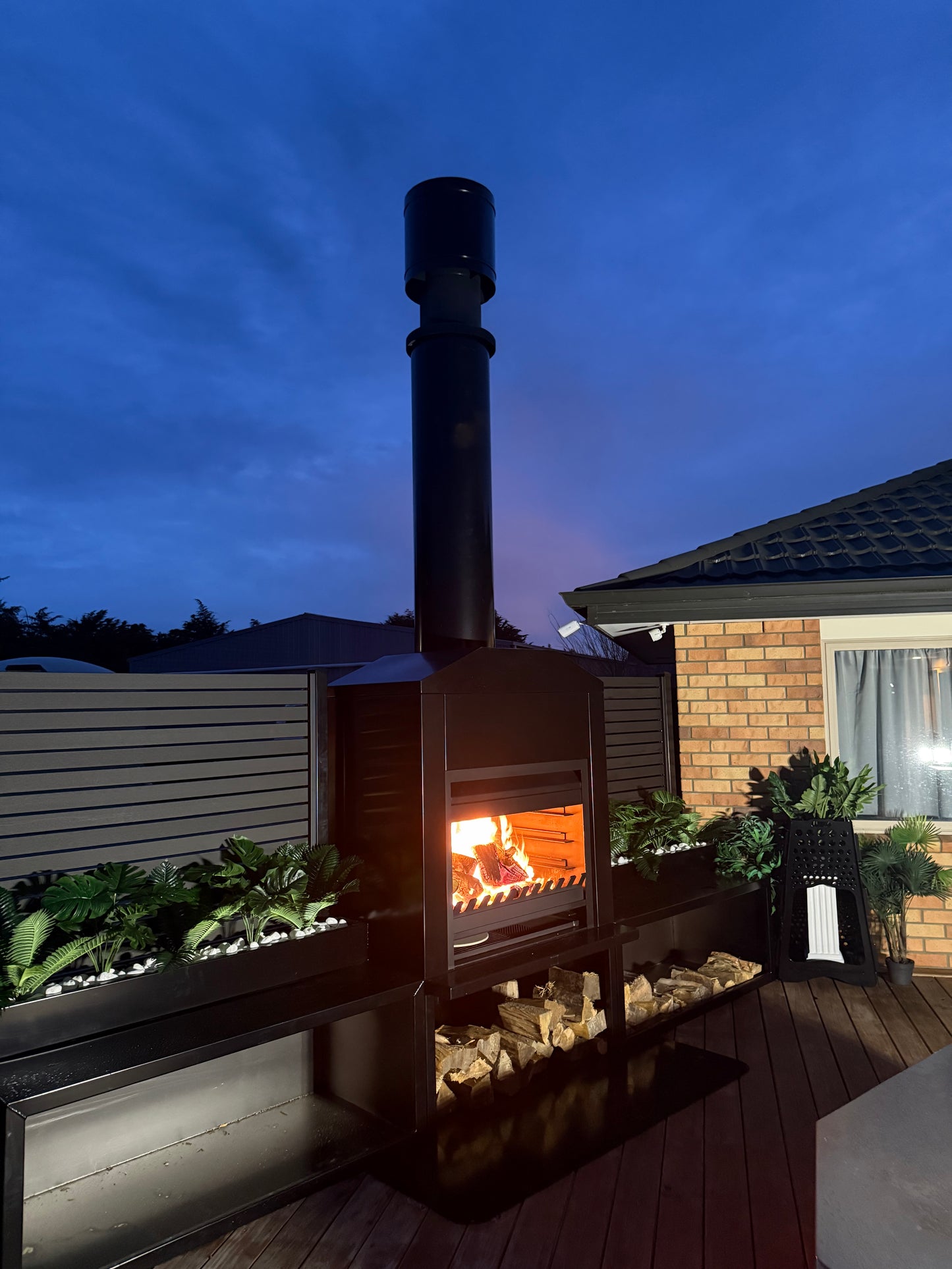 Onflame 900 - Freestanding in Black Cabinet Outside Open Wood Fire & 1.5m Flue