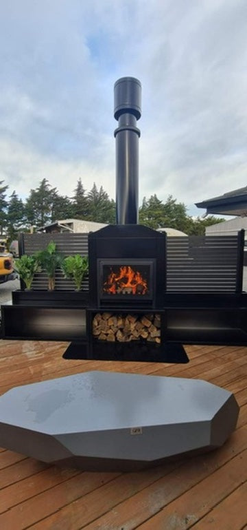 Onflame 900 - Freestanding in Black Cabinet Outside Open Wood Fire & 1.5m Flue