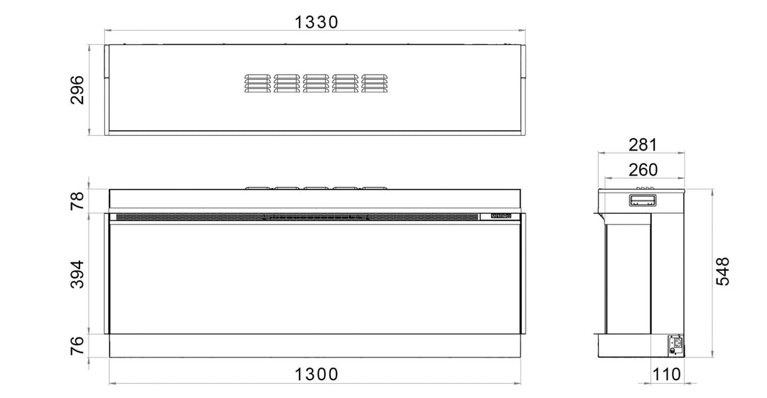 Rinnai ES 1300 Electric Fire dimensions and technical specifications.