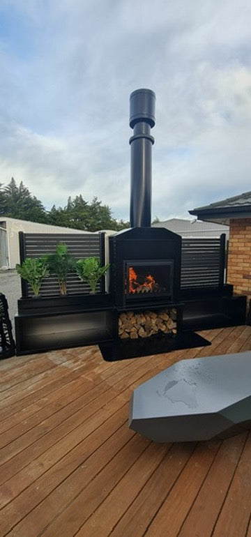 Onflame 900 - Freestanding in Black Cabinet Outside Open Wood Fire & 1.5m Flue