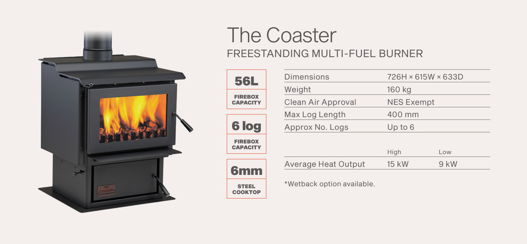Woodsman Coaster Multi-Fuel Rural Fireplace with Wetback + HeatSaver Flue