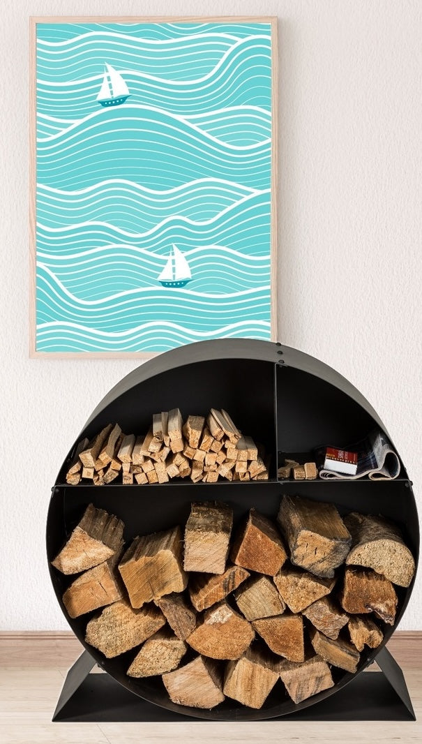 Woodsman Wood Storage Bin filled with firewood.