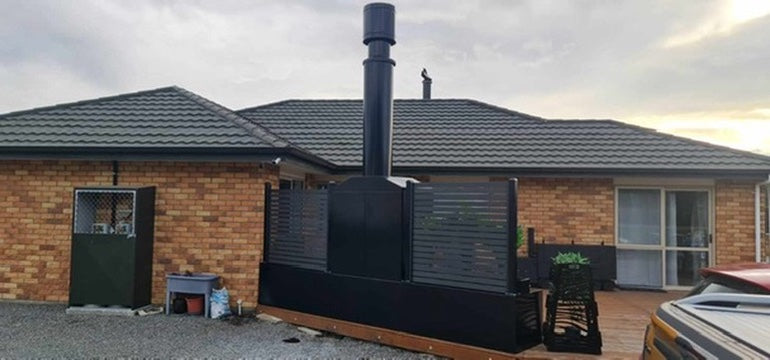 Onflame 900 - Freestanding in Black Cabinet Outside Open Wood Fire & 1.5m Flue