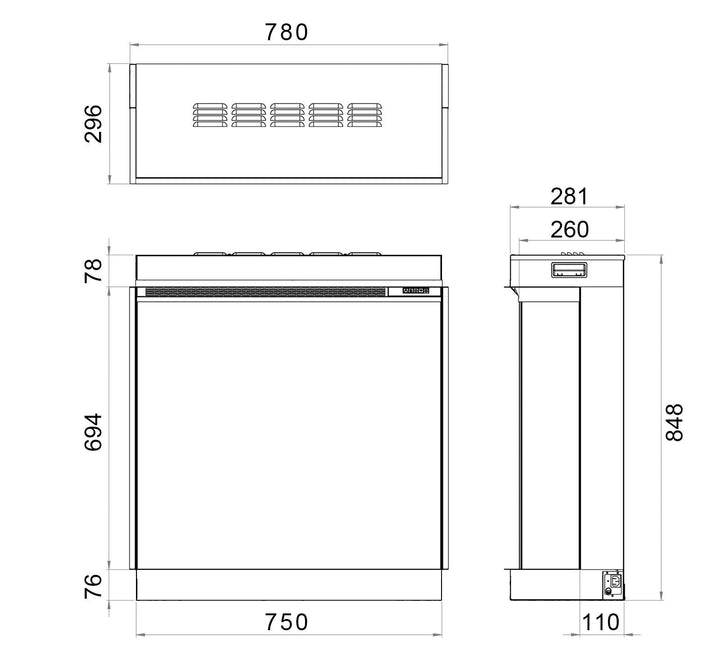 RINNAI ES 750 electric fire dimensions, showcasing sleek design suitable for modern interiors.