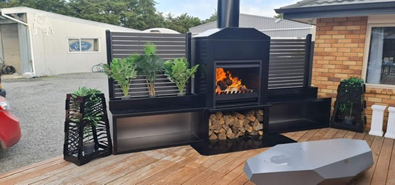Onflame 900 - Freestanding in Black Cabinet Outside Open Wood Fire & 1.5m Flue