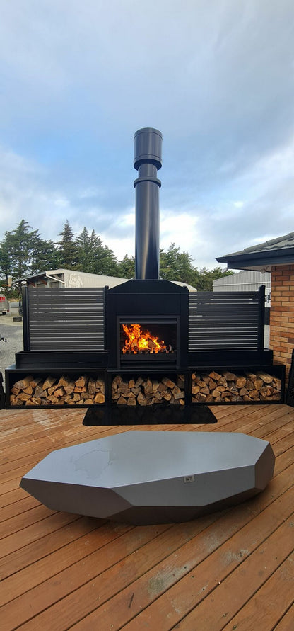 Onflame 900 - Freestanding in Black Cabinet Outside Open Wood Fire & 1.5m Flue