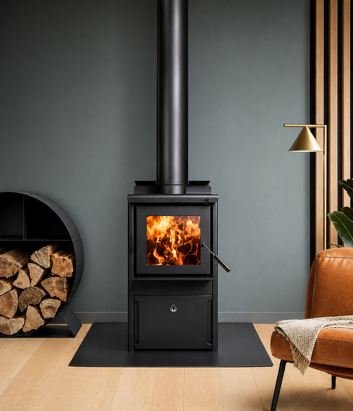 Woodsman Serene ULEB on Drawer Base + HeatSaver Flue