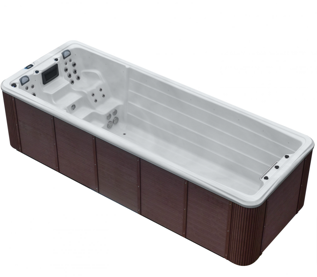 Sensation Delirium IV Pro 7.5m Swim Spa with hydrotherapy jets and wooden paneling.