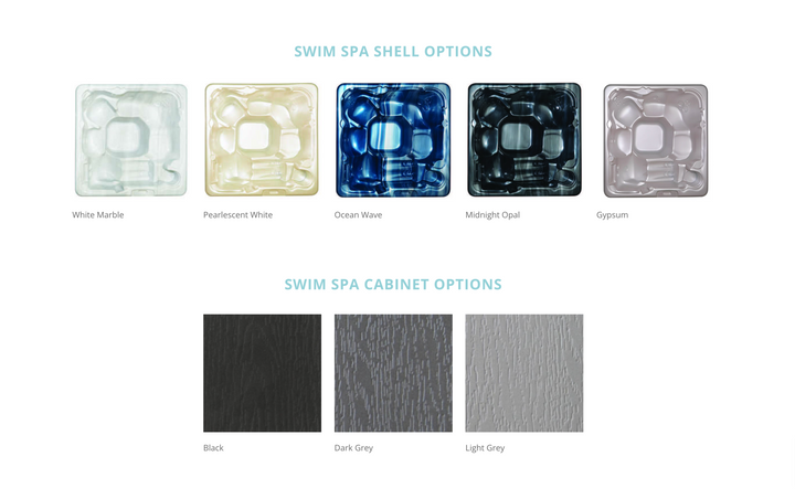 Swim spa shell and cabinet options for Sensation Delirium IV Pro 7.5m Swim Spa, featuring colors like White Marble and Ocean Wave, with cabinet options in Black and Dark Grey.