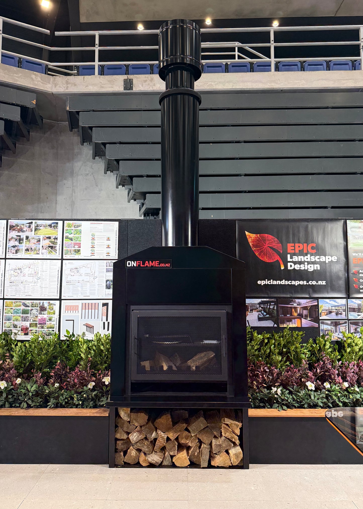 Onflame 900 - Freestanding in Black Cabinet Outside Open Wood Fire & 1.5m Flue