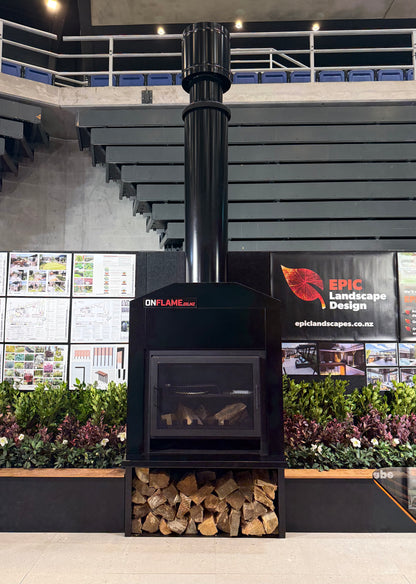 Onflame 900 - Freestanding in Black Cabinet Outside Open Wood Fire & 1.5m Flue