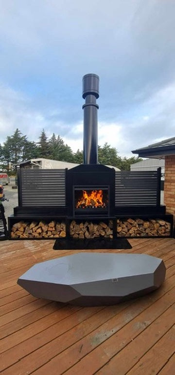 Onflame 900 - Freestanding in Black Cabinet Outside Open Wood Fire & 1.5m Flue