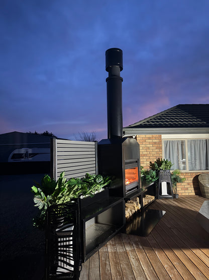 Onflame 900 - Freestanding in Black Cabinet Outside Open Wood Fire & 1.5m Flue