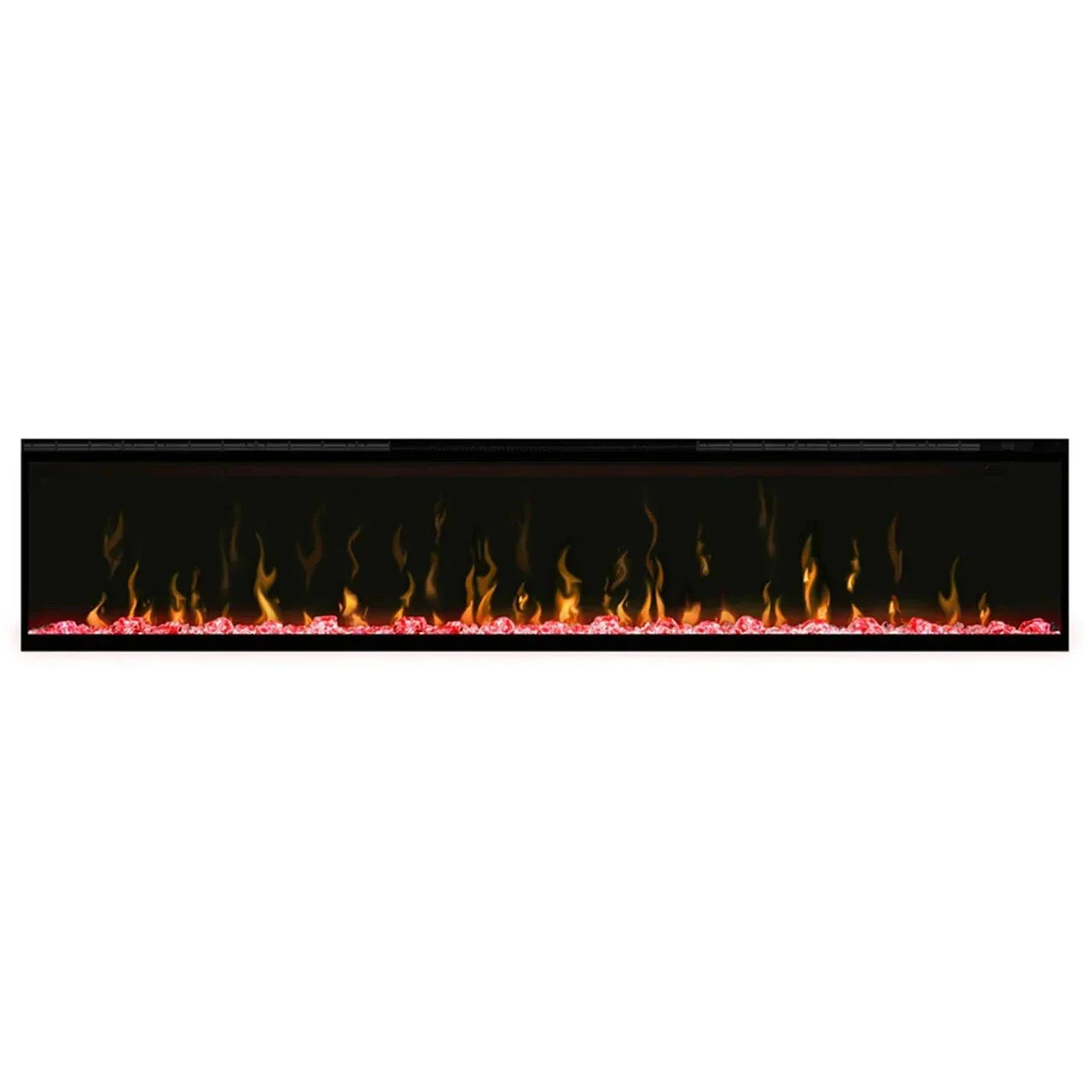Linear electric fireplace with vivid flames and minimal trim design.