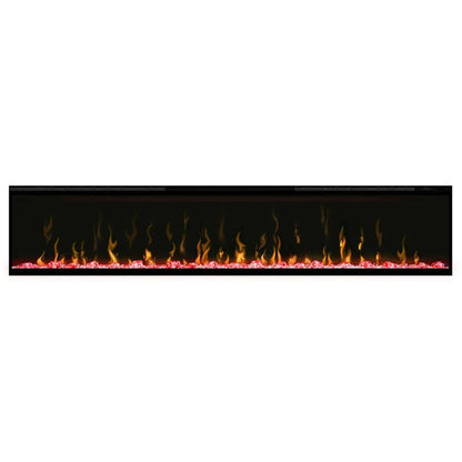 Linear electric fireplace with vivid flames and minimal trim design.