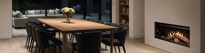Modern dining room with a Rinnai Linear 1000 single-sided gas fireplace in the wall.
