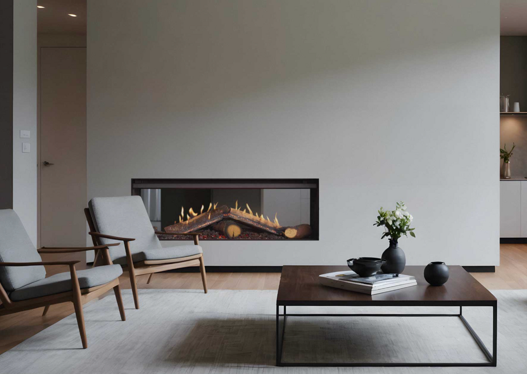 Rinnai Linear 1000 double-sided fireplace with FlameTech in a modern living room.