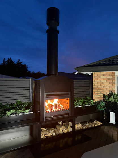 Onflame 900 - Freestanding in Black Cabinet Outside Open Wood Fire & 1.5m Flue
