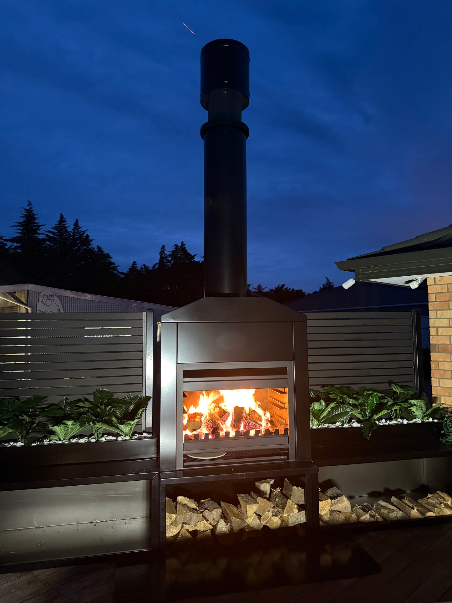 Onflame 900 - Freestanding in Black Cabinet Outside Open Wood Fire & 1.5m Flue