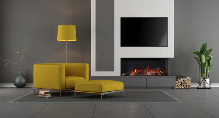 RINNAI ES 1000 Electric Fire in modern living room with yellow armchair and gray decor.