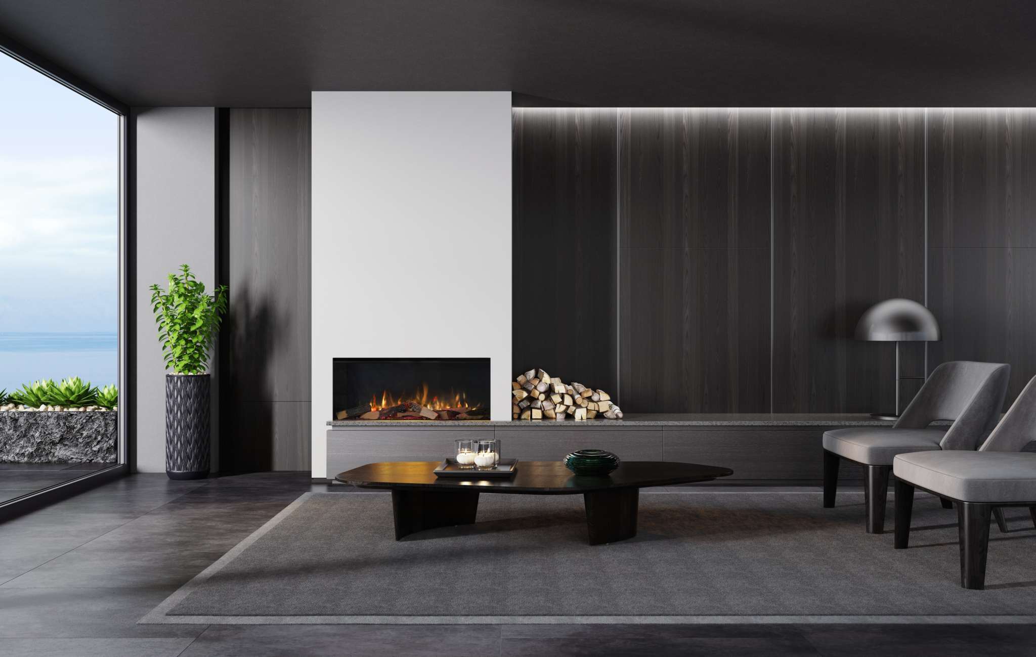 RINNAI ES 1000 Electric Fire in modern living room with mesmerizing flame effect.
