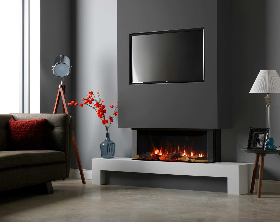 RINNAI ES 1000 Electric Fire with realistic flames in modern living room setting.