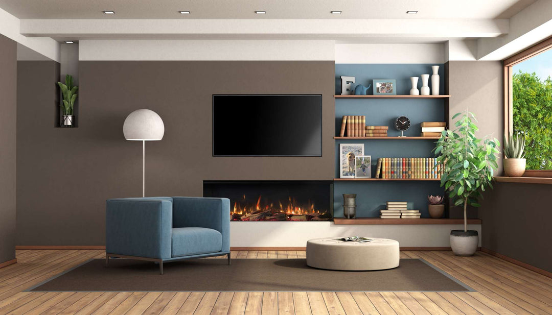 Modern living room with RINNAI ES 1300 Electric Fire beneath a wall-mounted TV, surrounded by shelves and minimalist decor.