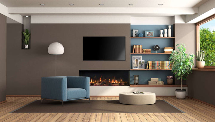 Modern living room with RINNAI ES 1300 Electric Fire beneath a wall-mounted TV, surrounded by shelves and minimalist decor.