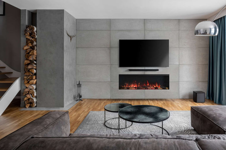 Modern living room with Rinnai ES 1300 Electric Fire integrated into the wall, below a mounted TV, enhancing ambiance with sleek design.