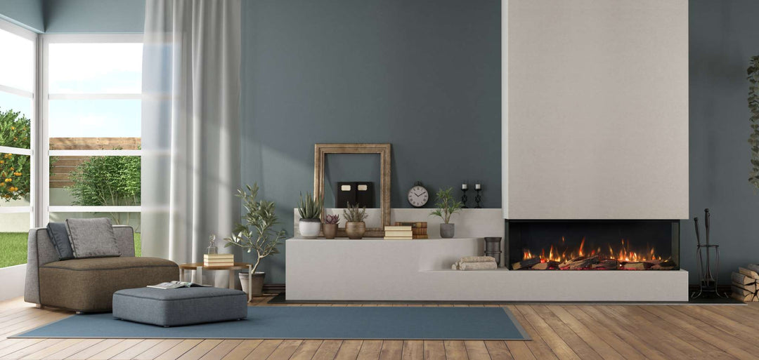 RINNAI ES 1300 Electric Fire in modern living room setting, showcasing sleek design and realistic flame effect.