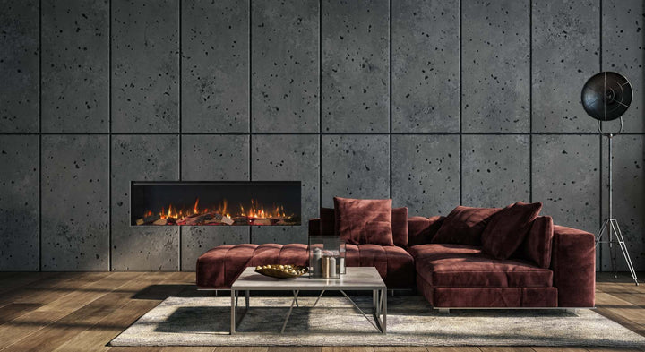 Rinnai ES 1500 Electric Fire with realistic flames in a modern living room.