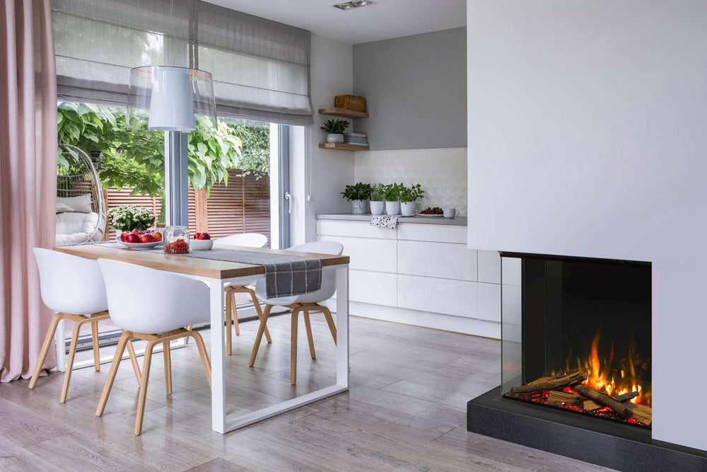 RINNAI ES 750 electric fire in modern living room setting, showcasing dynamic LED lighting and glowing fuel bed.