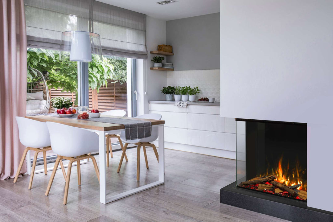 RINNAI ES 750 electric fire in modern living room setting, showcasing dynamic LED lighting and glowing fuel bed.