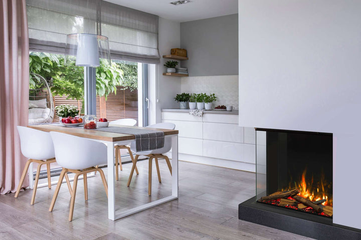 RINNAI ES 750 electric fire in modern living room setting, showcasing dynamic LED lighting and glowing fuel bed.