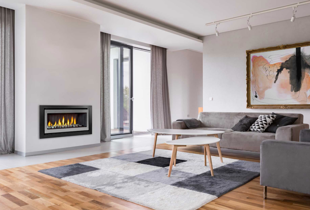 Modern living room featuring Rinnai Evolve 1253 Plus gas fire with sleek frame design.