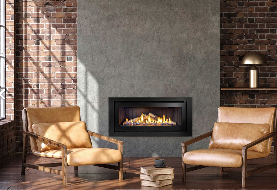 Rinnai Evolve 1253 Plus gas fire with traditional logs in a contemporary living room.