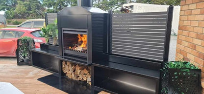 Onflame 900 - Freestanding in Black Cabinet Outside Open Wood Fire & 1.5m Flue