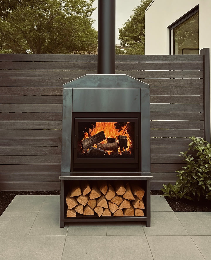 Onflame 900 - Corten Steel Freestanding Cabinet BBQ Fire + 1.5m Flue System