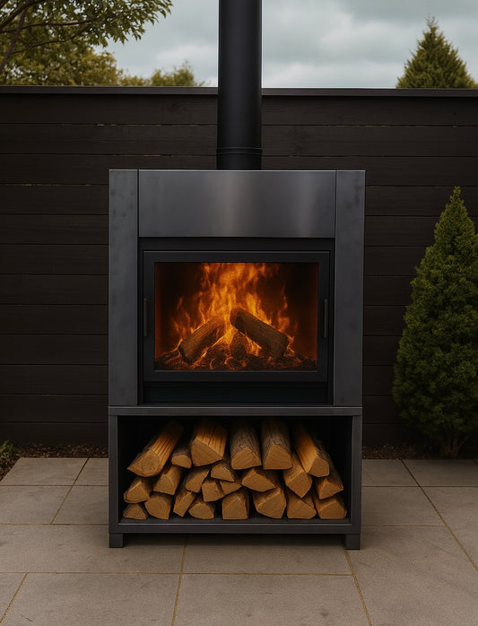 Onflame 1400 - Freestanding in Corten Steel Cabinet Outdoor Open Fire & 1.5m Flue