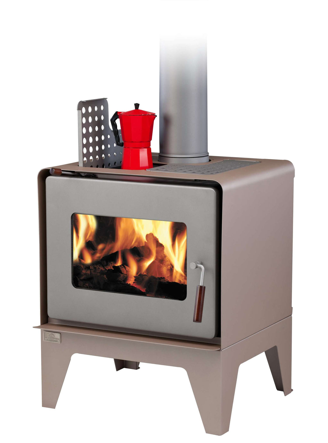 Woodsman Flare wood fire with leg base and 4.2m heatsaver flue system displaying flames, in charcoal/pewter.