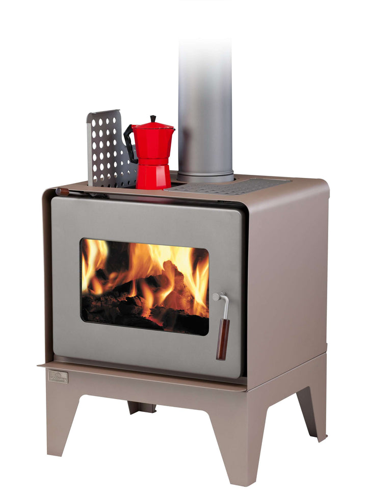 Woodsman Flare wood fire with leg base and 4.2m heatsaver flue system displaying flames, in charcoal/pewter.