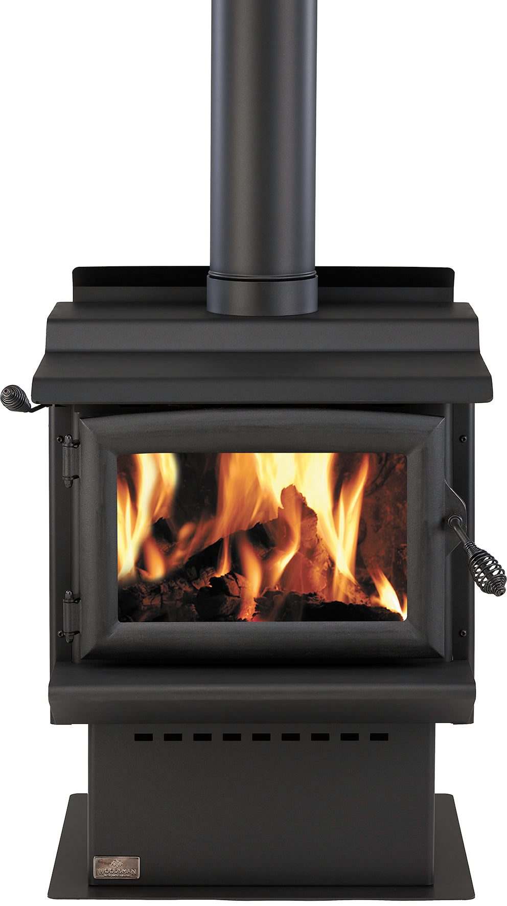 Woodsman Tasman MKII wood burner with 4.2m heatsaver flue system, ideal for medium to large homes, featuring a classic design and modern pedestal base.