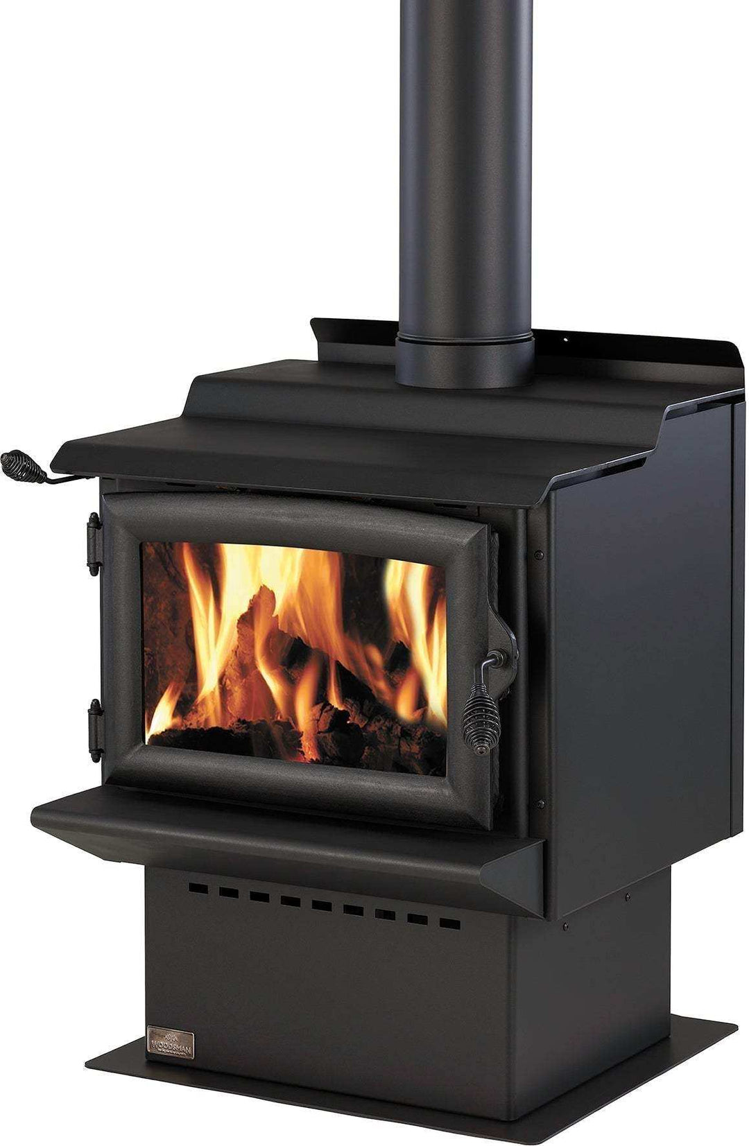 Woodsman Tasman MKII burner with 4.2m Heatsaver flue, classic and modern design on easy-clean pedestal.