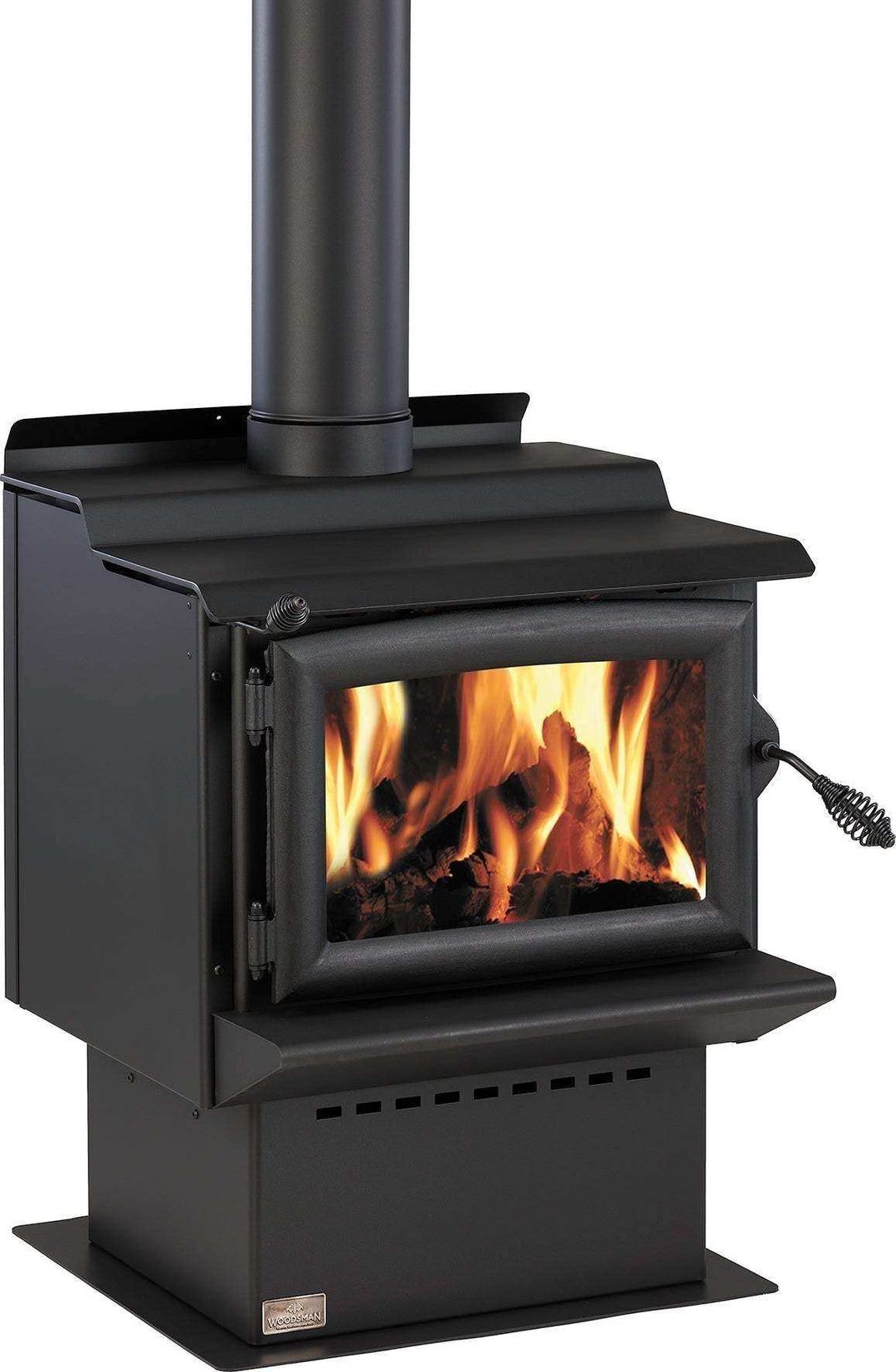 Woodsman Tasman MKII freestanding wood burner with 4.2m Heatsaver flue, black pedestal design, glowing fire inside.