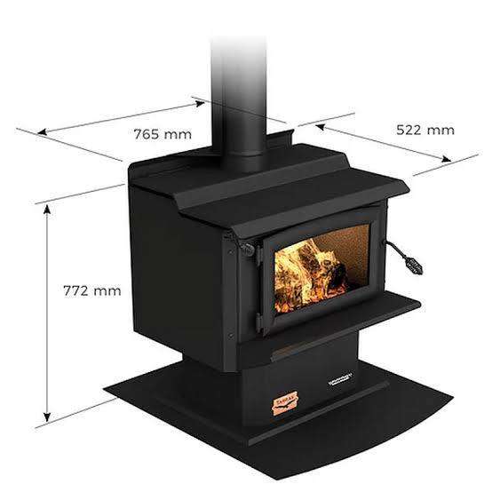 Woodsman Tarras MKIII fireplace with wetback and 4.2m flue system, modern design, dimensions labeled.